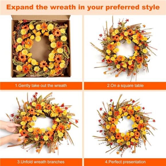 22" Fall Autumn Wreaths for Front Door Orange Daisy Wreath with Grain Ears - Picture 9 of 12